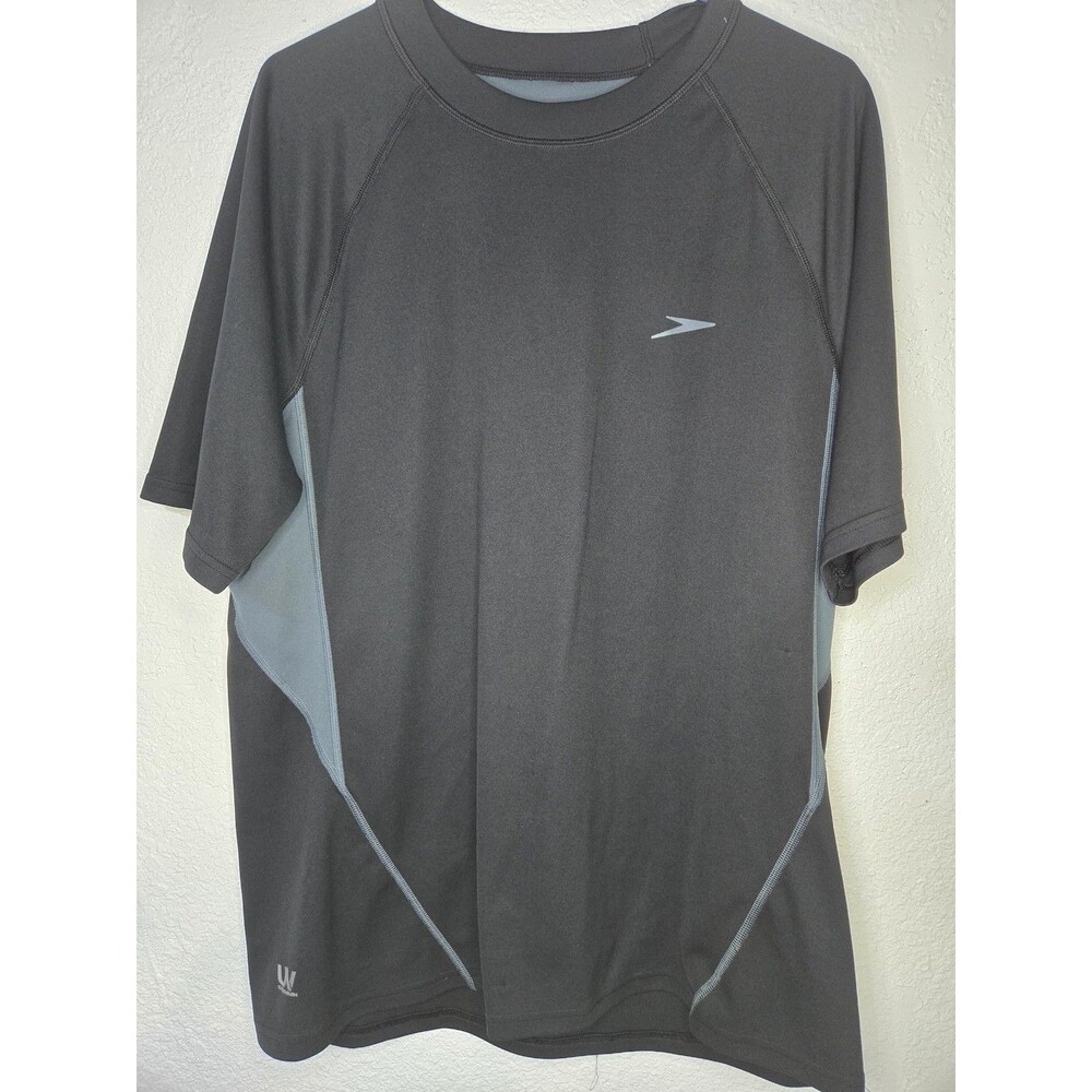 Speedo Swim Shirt Mens Large Black Gray UV Block the Burn Rash Guard Quick Dry